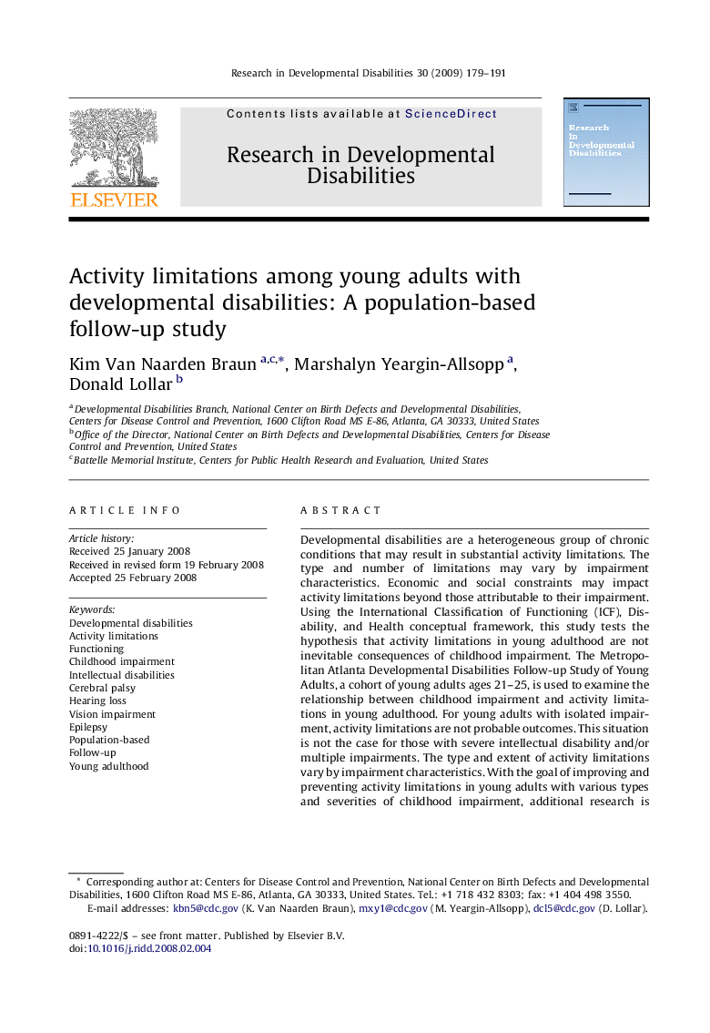 Activity limitations among young adults with developmental disabilities: A population-based follow-up study