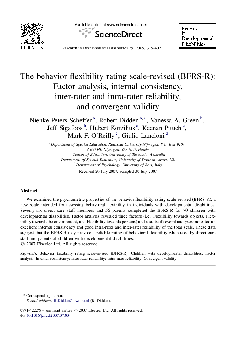 The behavior flexibility rating scale-revised (BFRS-R): Factor analysis, internal consistency, inter-rater and intra-rater reliability, and convergent validity