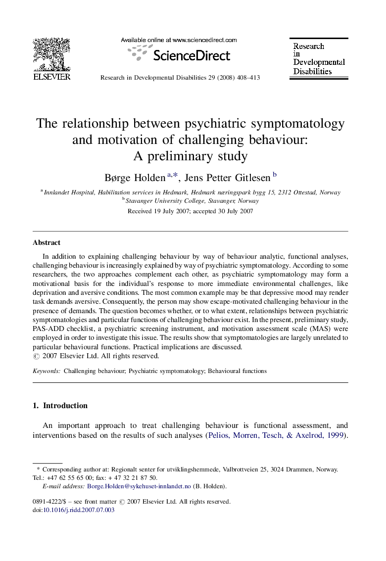 The relationship between psychiatric symptomatology and motivation of challenging behaviour: A preliminary study