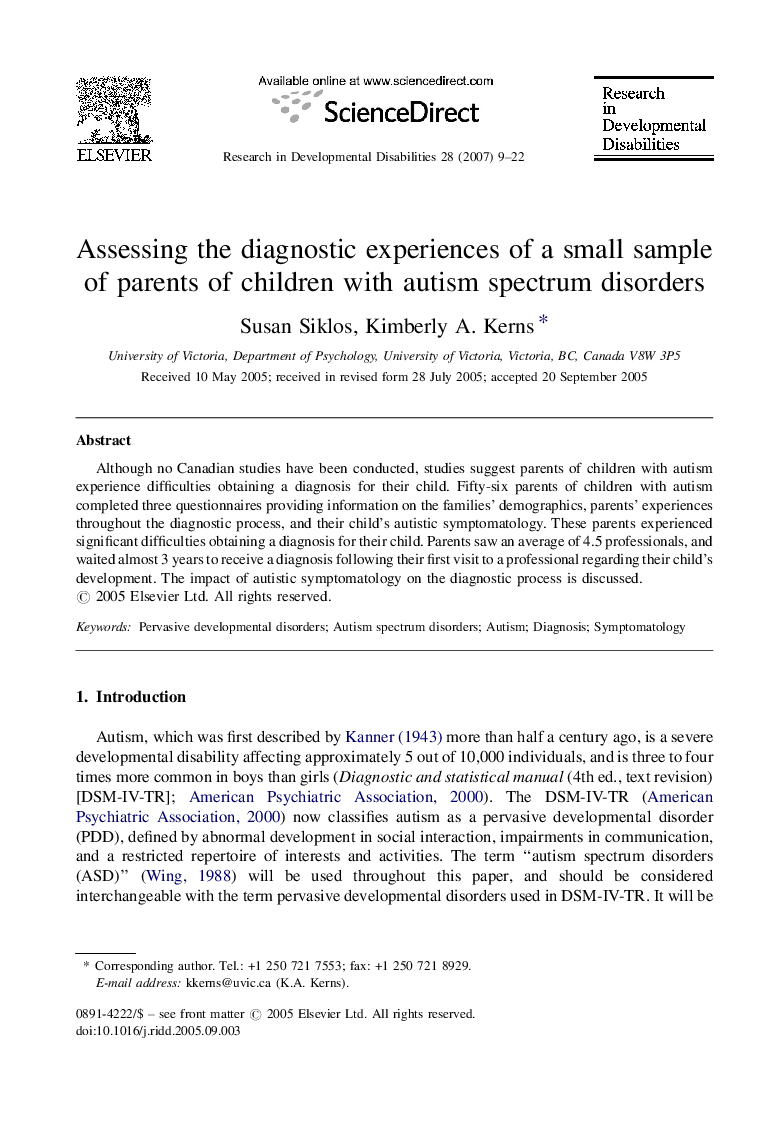 Assessing the diagnostic experiences of a small sample of parents of children with autism spectrum disorders