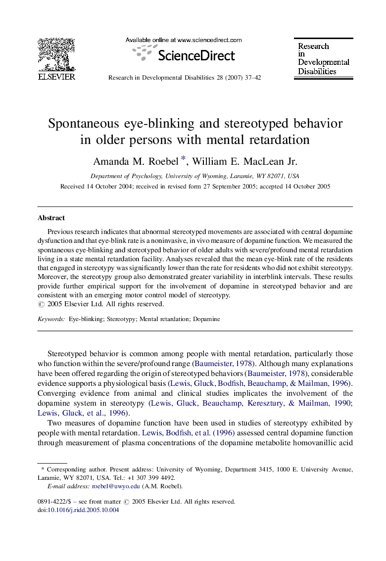 Spontaneous eye-blinking and stereotyped behavior in older persons with mental retardation