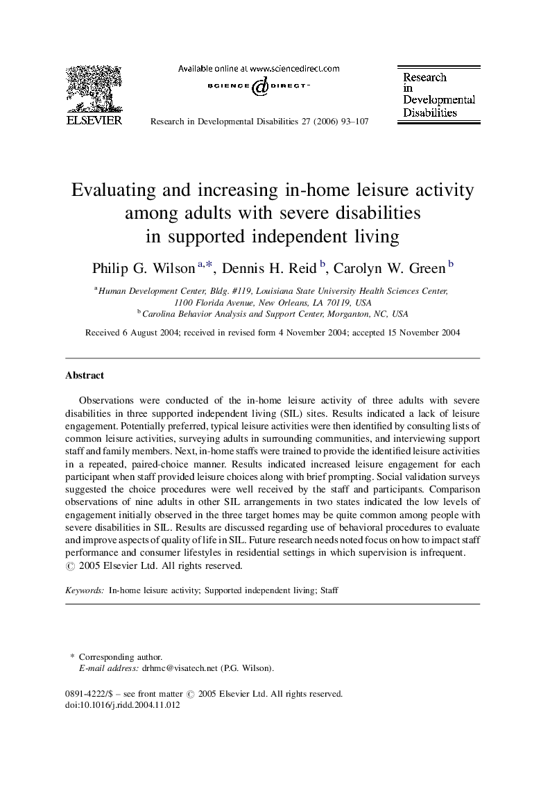 Evaluating and increasing in-home leisure activity among adults with severe disabilities in supported independent living