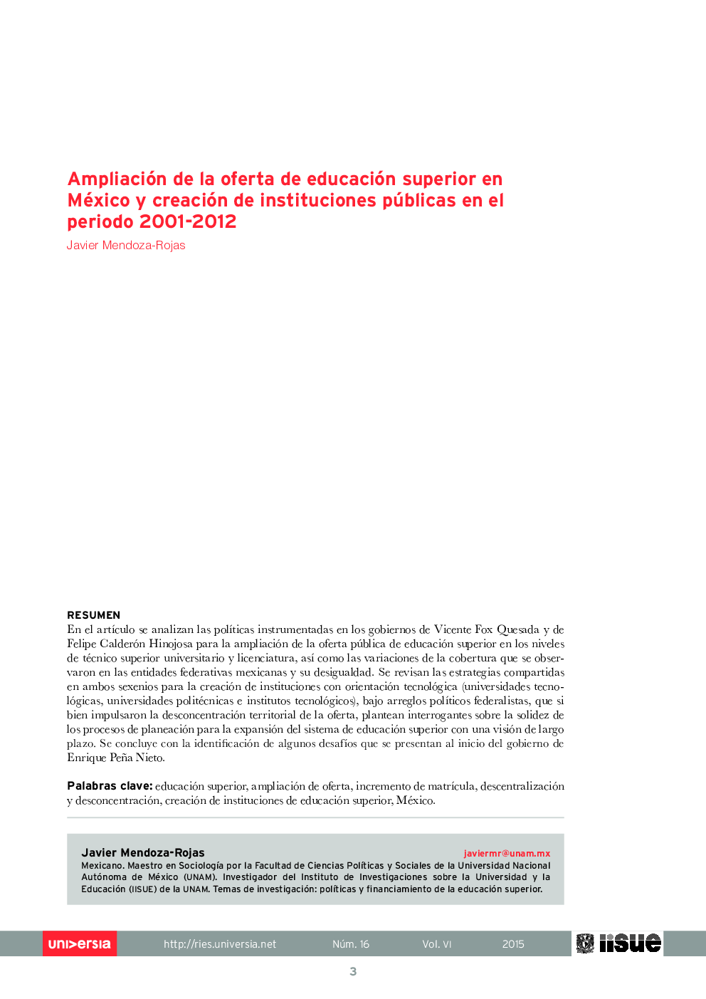 Ampliación de la oferta de educación superior en México y creación de instituciones públicas en el periodo 2001-2012