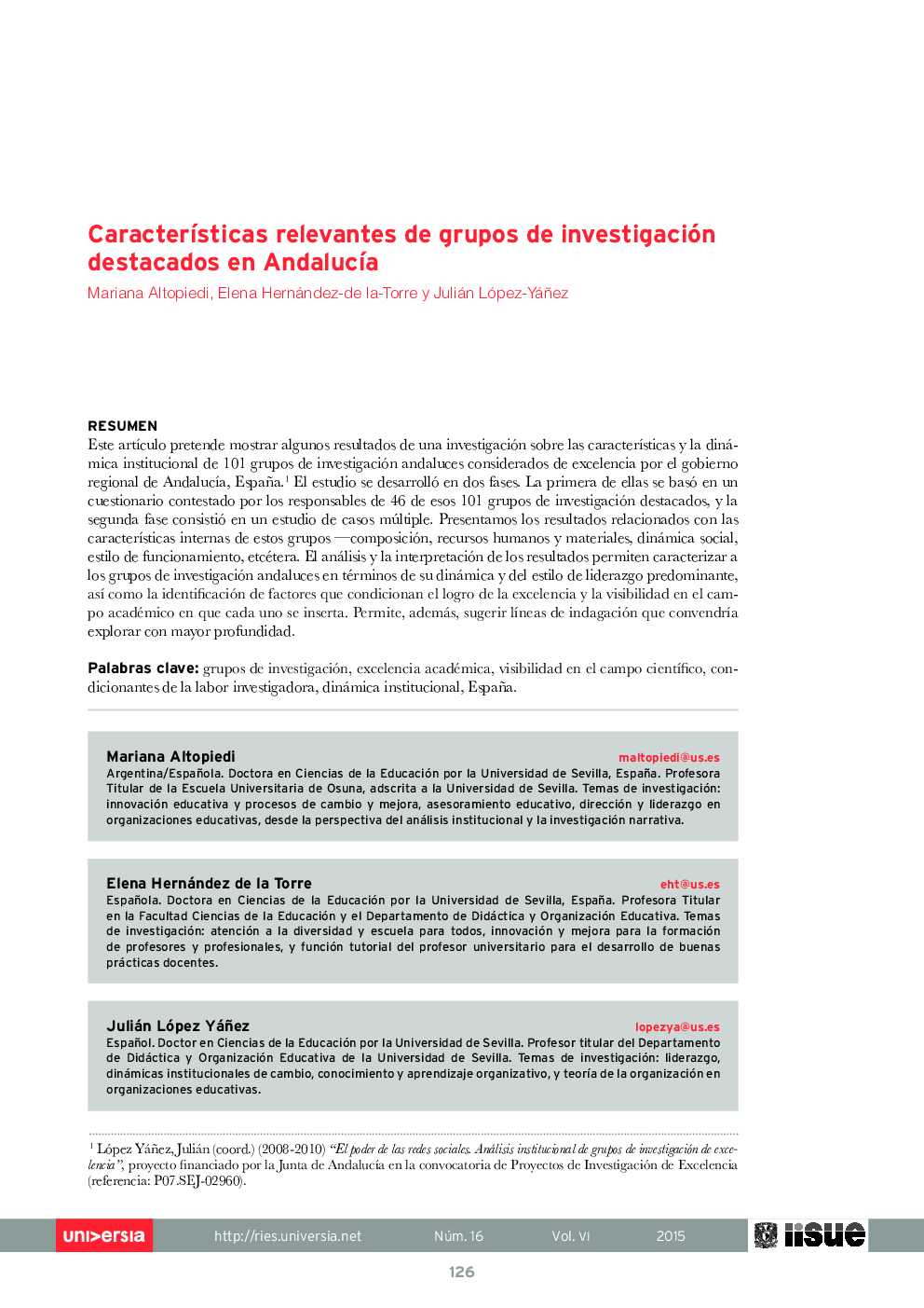 Características relevantes de grupos de investigación destacados en Andalucía