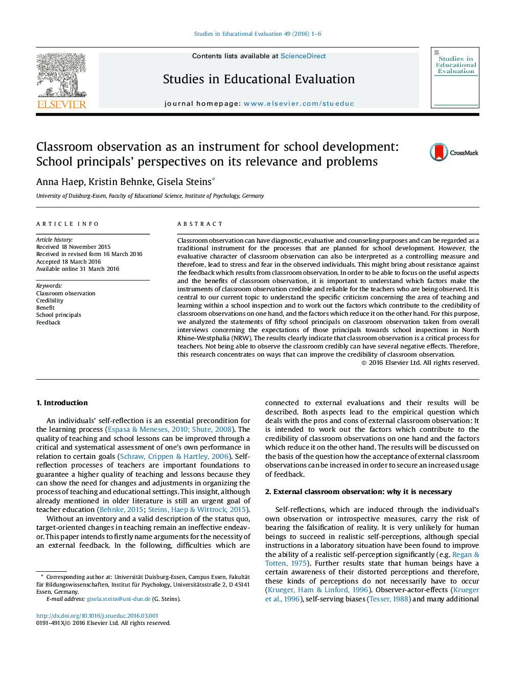 Classroom observation as an instrument for school development: School principals’ perspectives on its relevance and problems