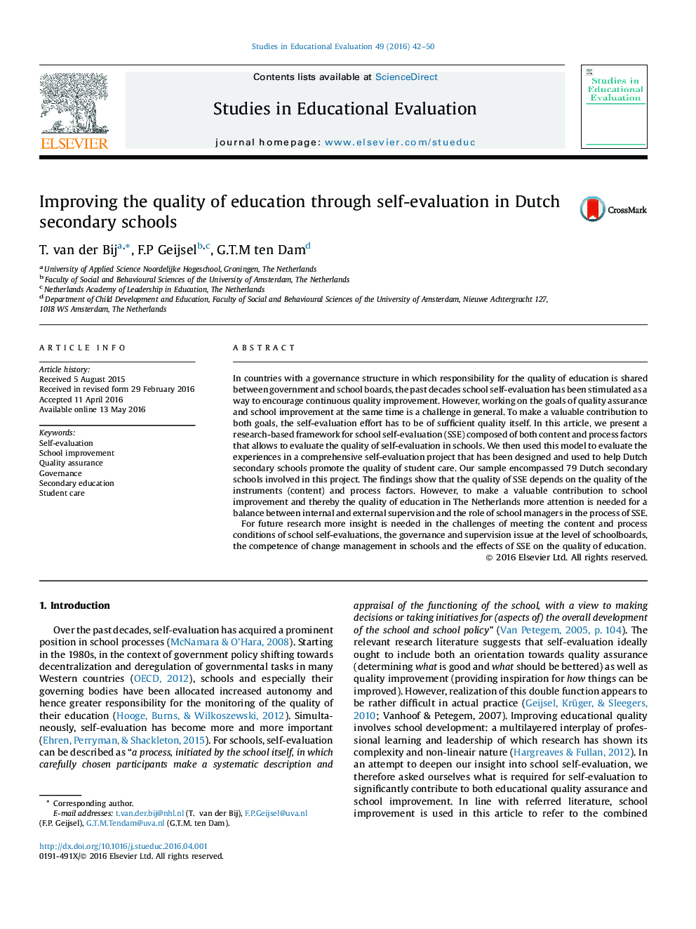 Improving the quality of education through self-evaluation in Dutch secondary schools