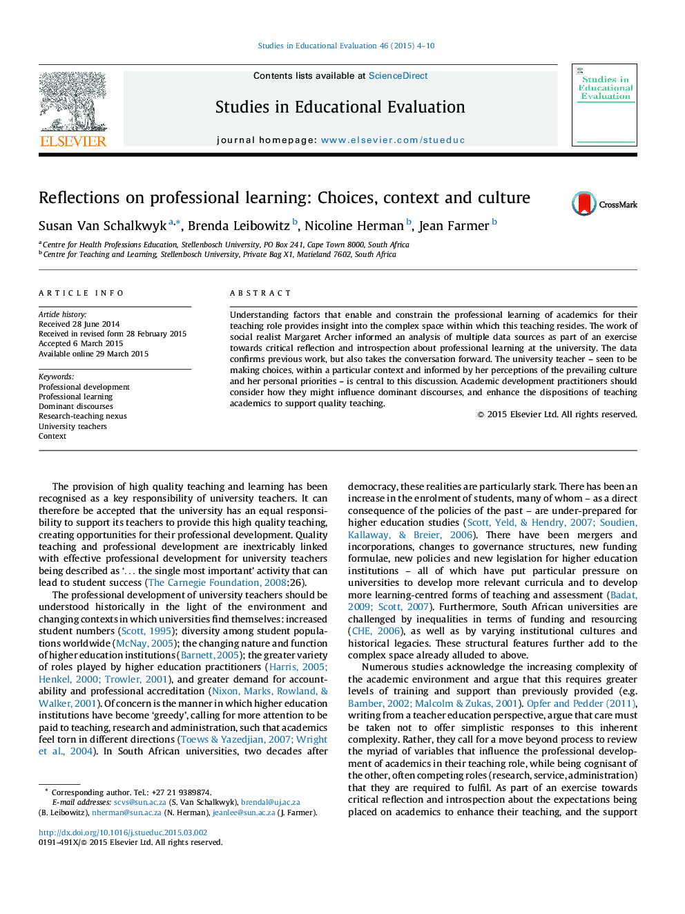 Reflections on professional learning: Choices, context and culture