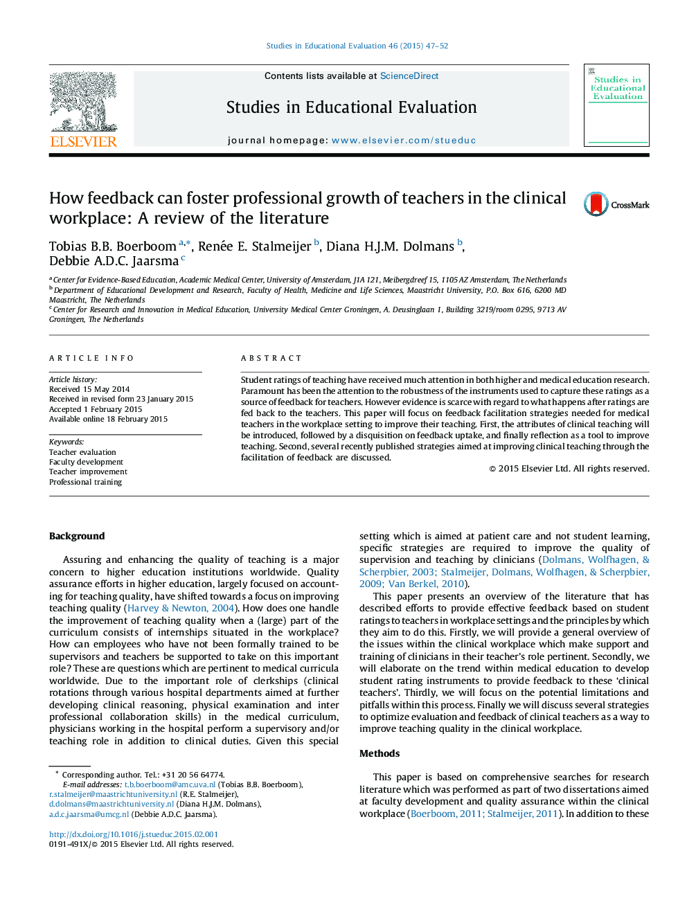 How feedback can foster professional growth of teachers in the clinical workplace: A review of the literature