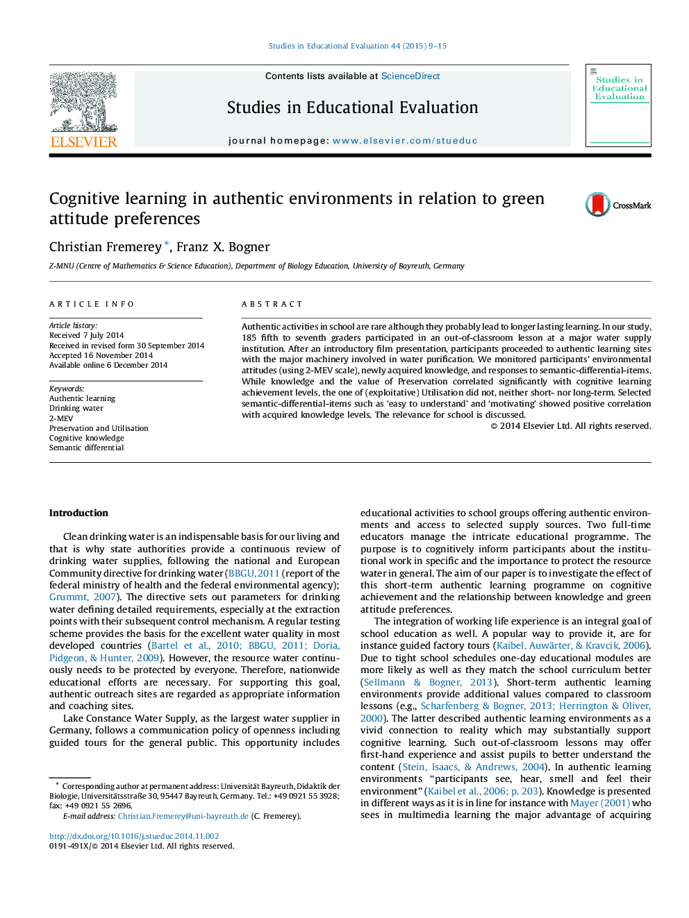 Cognitive learning in authentic environments in relation to green attitude preferences