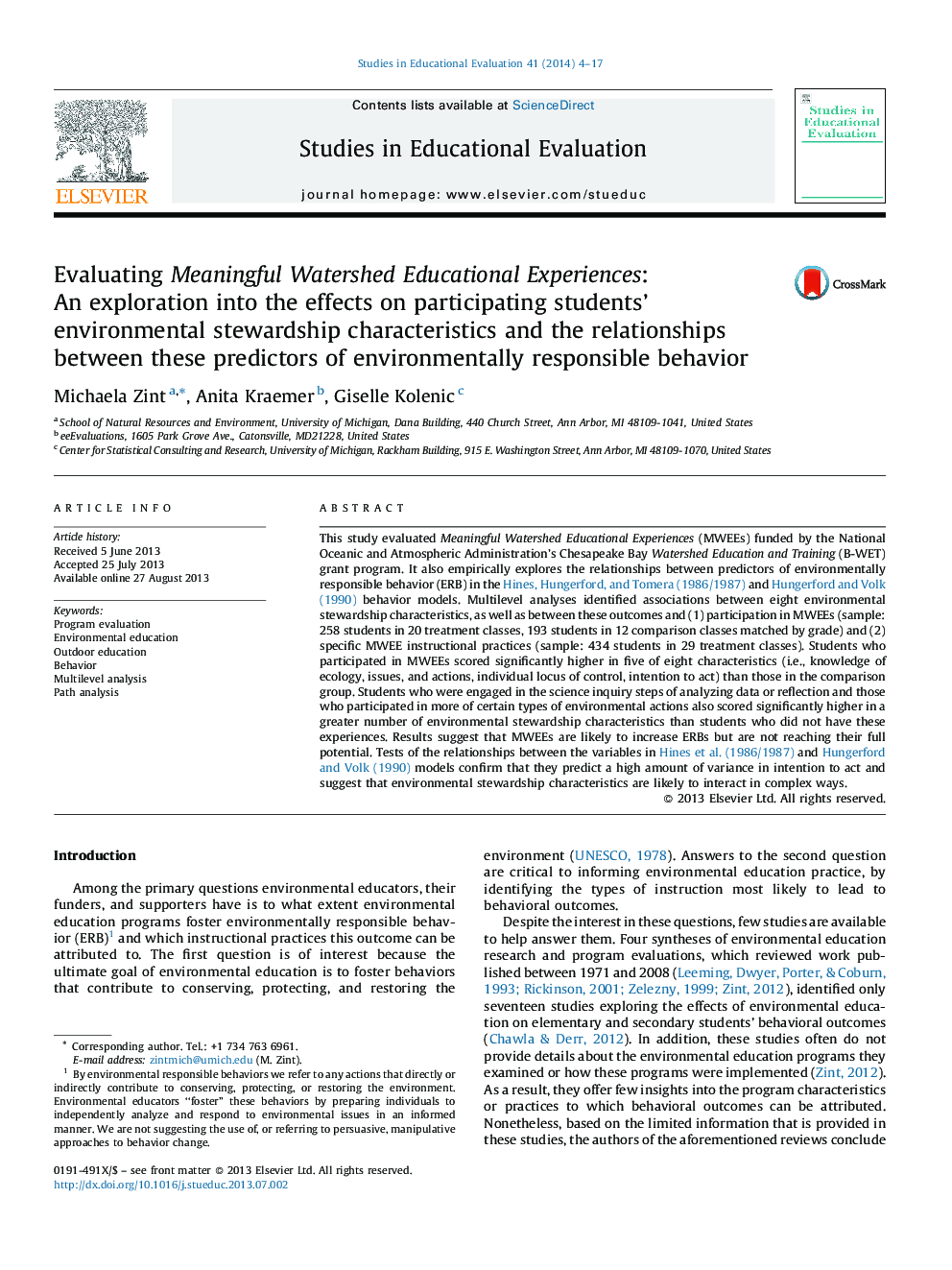 Evaluating Meaningful Watershed Educational Experiences: An exploration into the effects on participating students’ environmental stewardship characteristics and the relationships between these predictors of environmentally responsible behavior