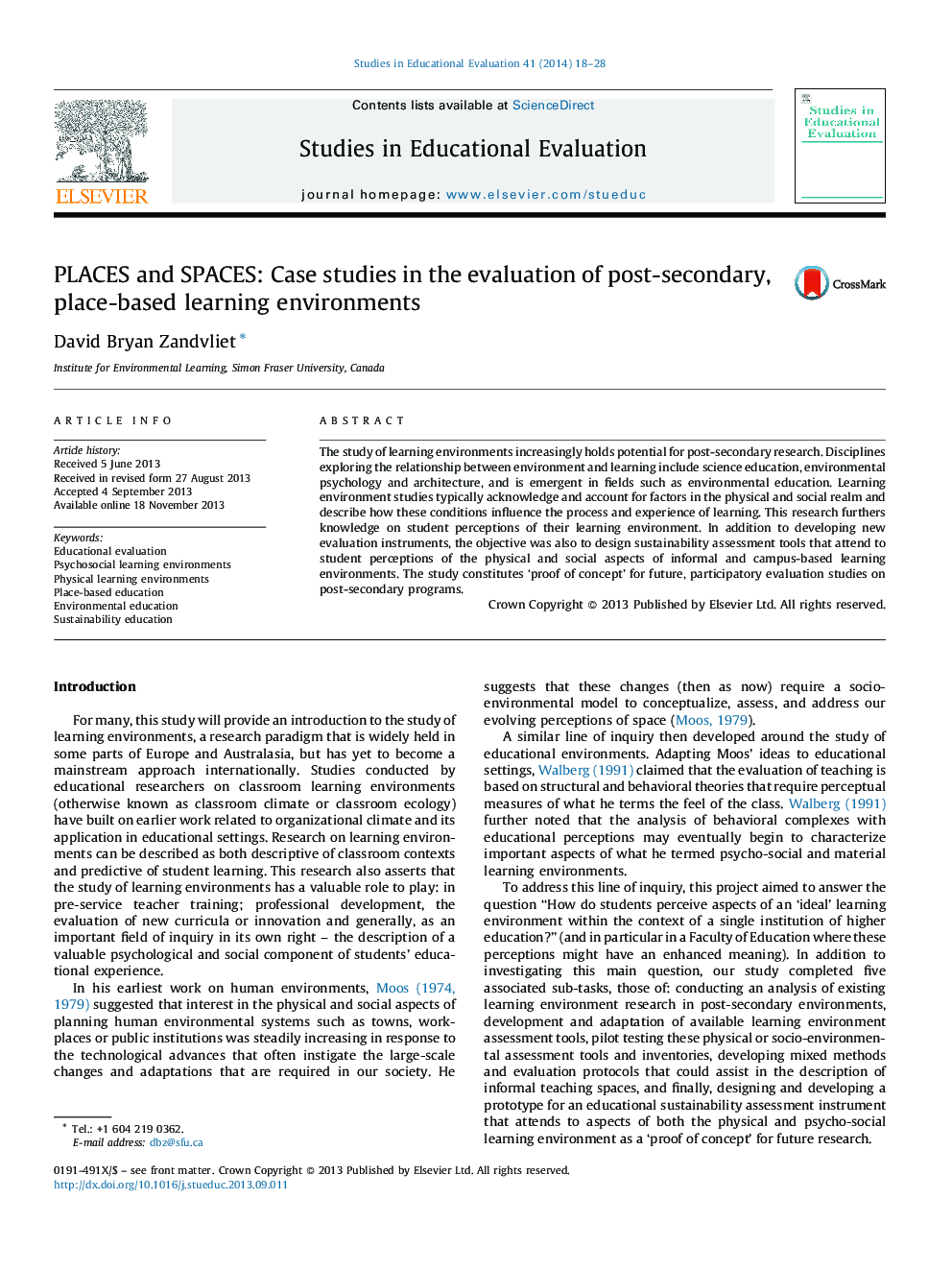 PLACES and SPACES: Case studies in the evaluation of post-secondary, place-based learning environments