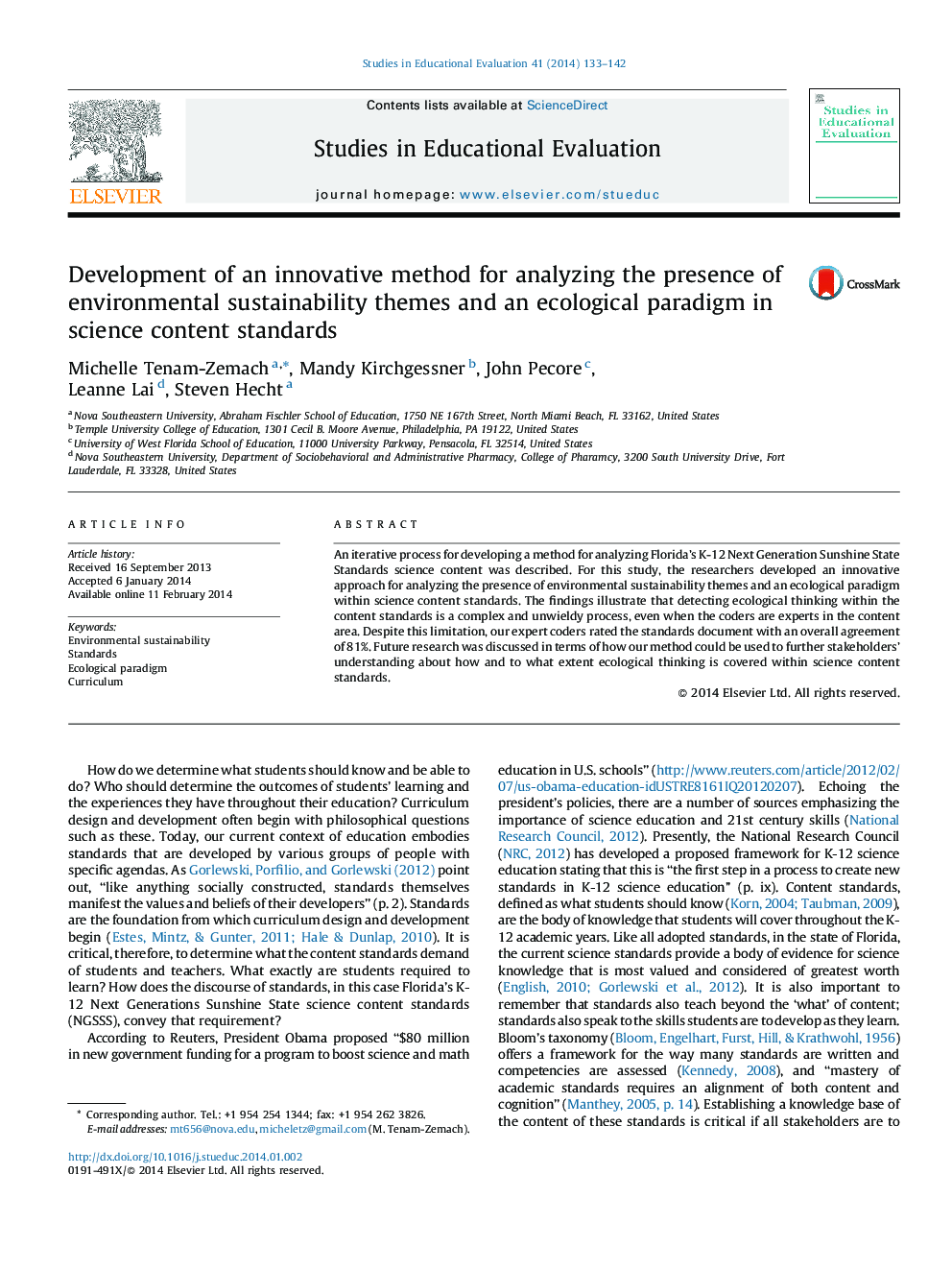 Development of an innovative method for analyzing the presence of environmental sustainability themes and an ecological paradigm in science content standards