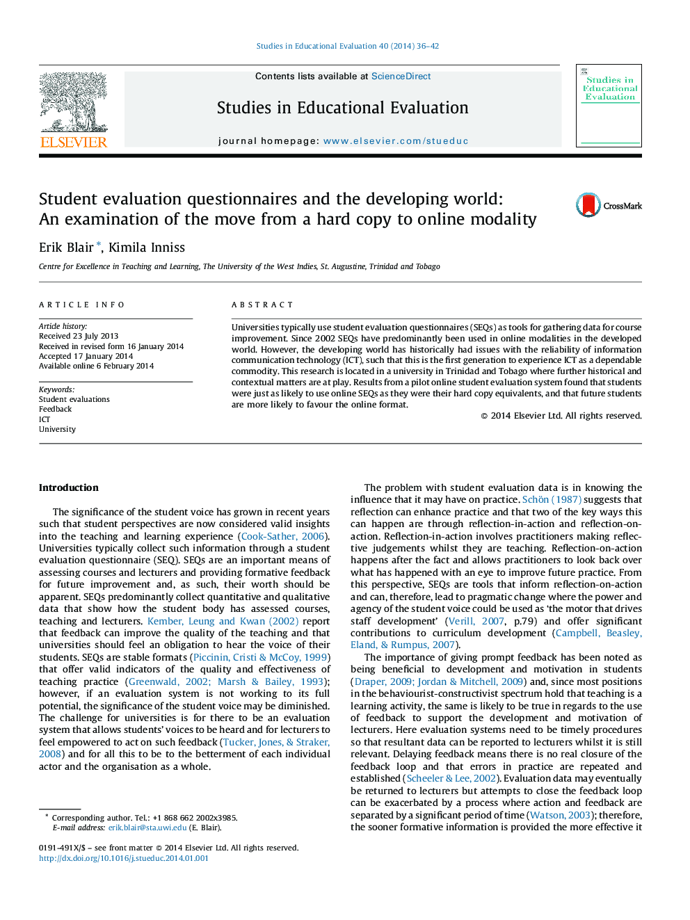 Student evaluation questionnaires and the developing world: An examination of the move from a hard copy to online modality