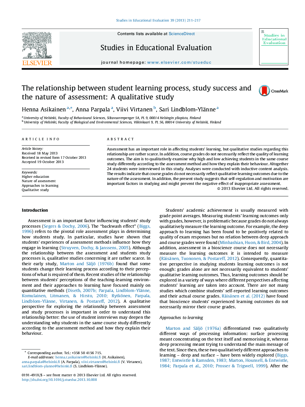 The relationship between student learning process, study success and the nature of assessment: A qualitative study