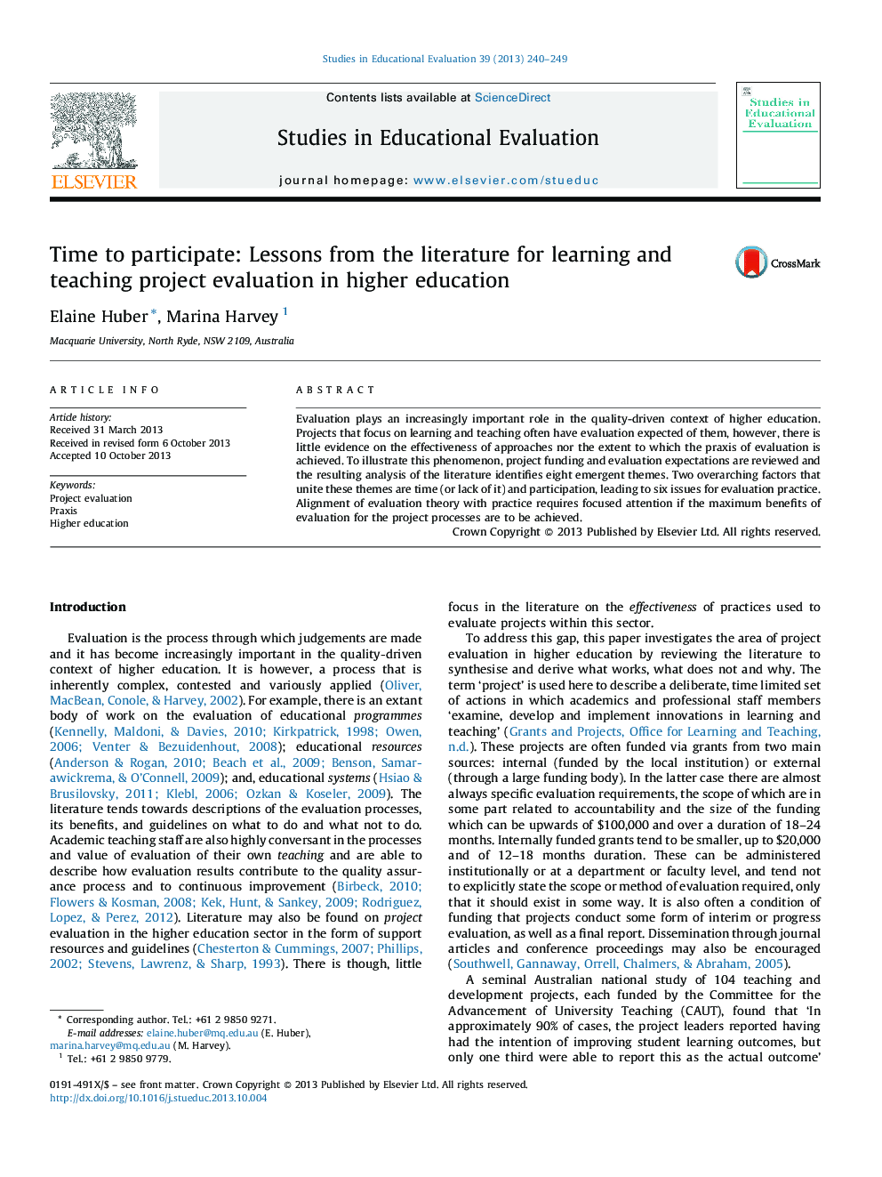 Time to participate: Lessons from the literature for learning and teaching project evaluation in higher education