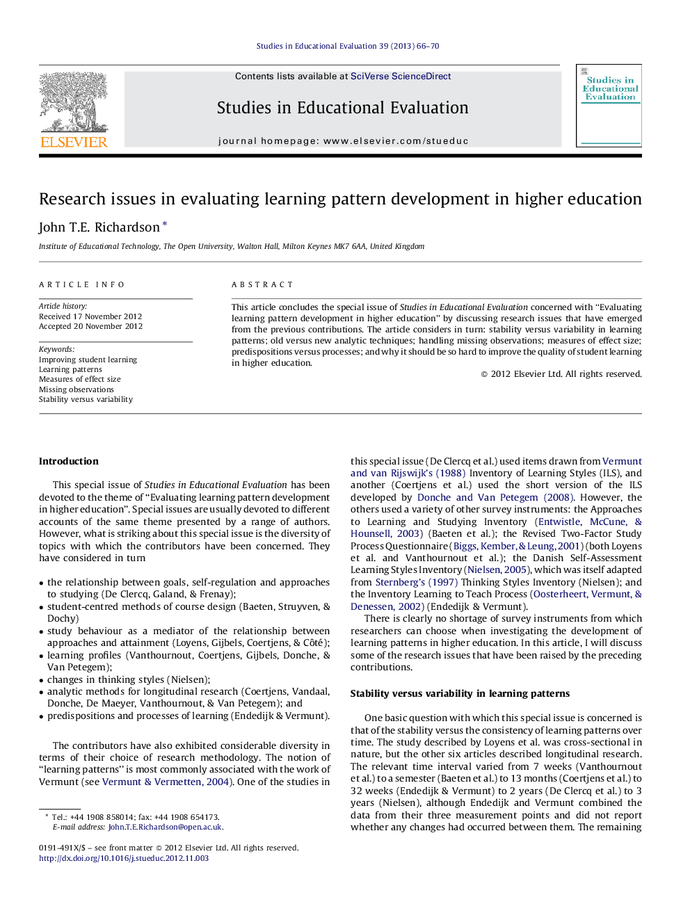 Research issues in evaluating learning pattern development in higher education