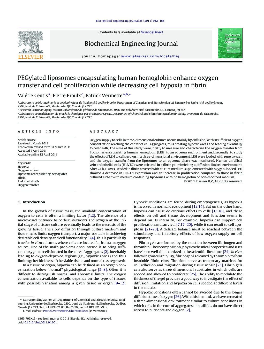 PEGylated liposomes encapsulating human hemoglobin enhance oxygen transfer and cell proliferation while decreasing cell hypoxia in fibrin