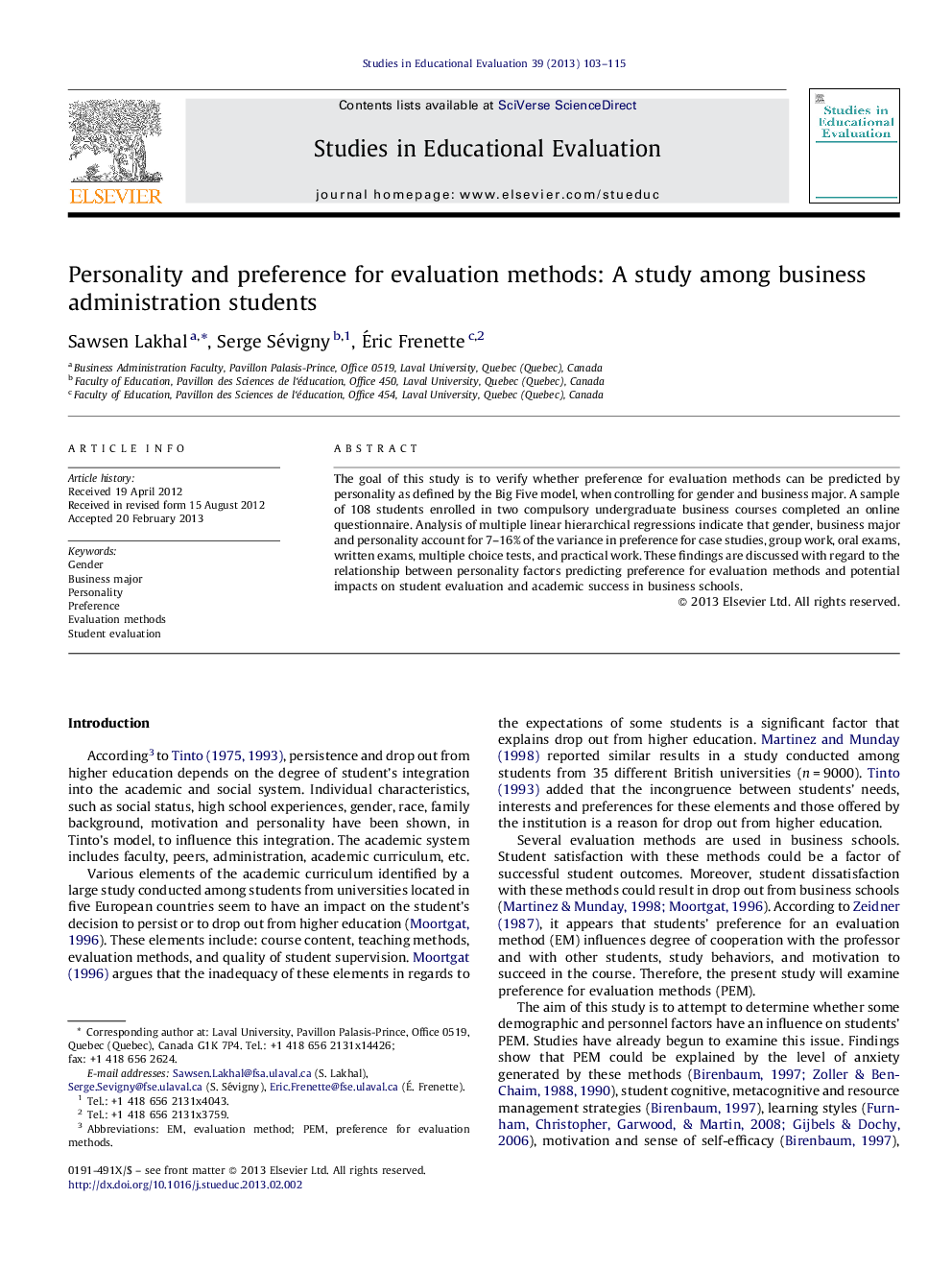 Personality and preference for evaluation methods: A study among business administration students