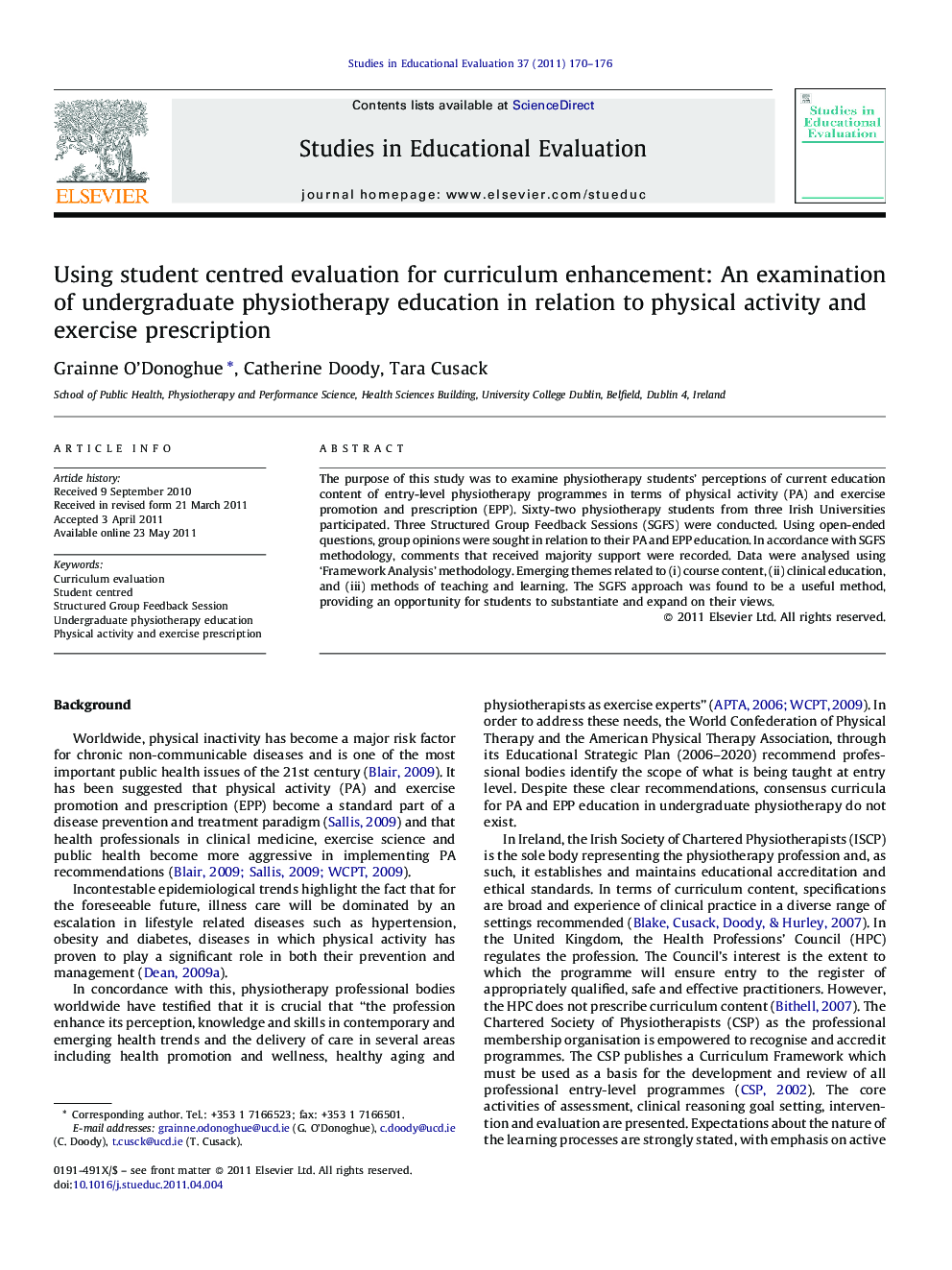 Using student centred evaluation for curriculum enhancement: An examination of undergraduate physiotherapy education in relation to physical activity and exercise prescription