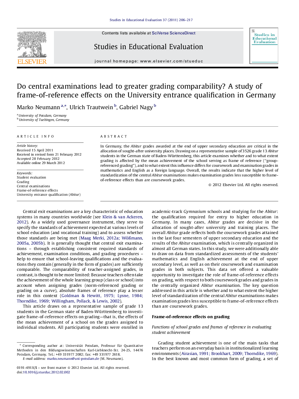 Do central examinations lead to greater grading comparability? A study of frame-of-reference effects on the University entrance qualification in Germany