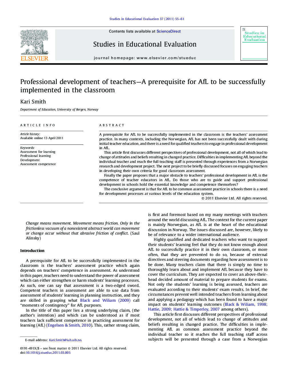 Professional development of teachers—A prerequisite for AfL to be successfully implemented in the classroom