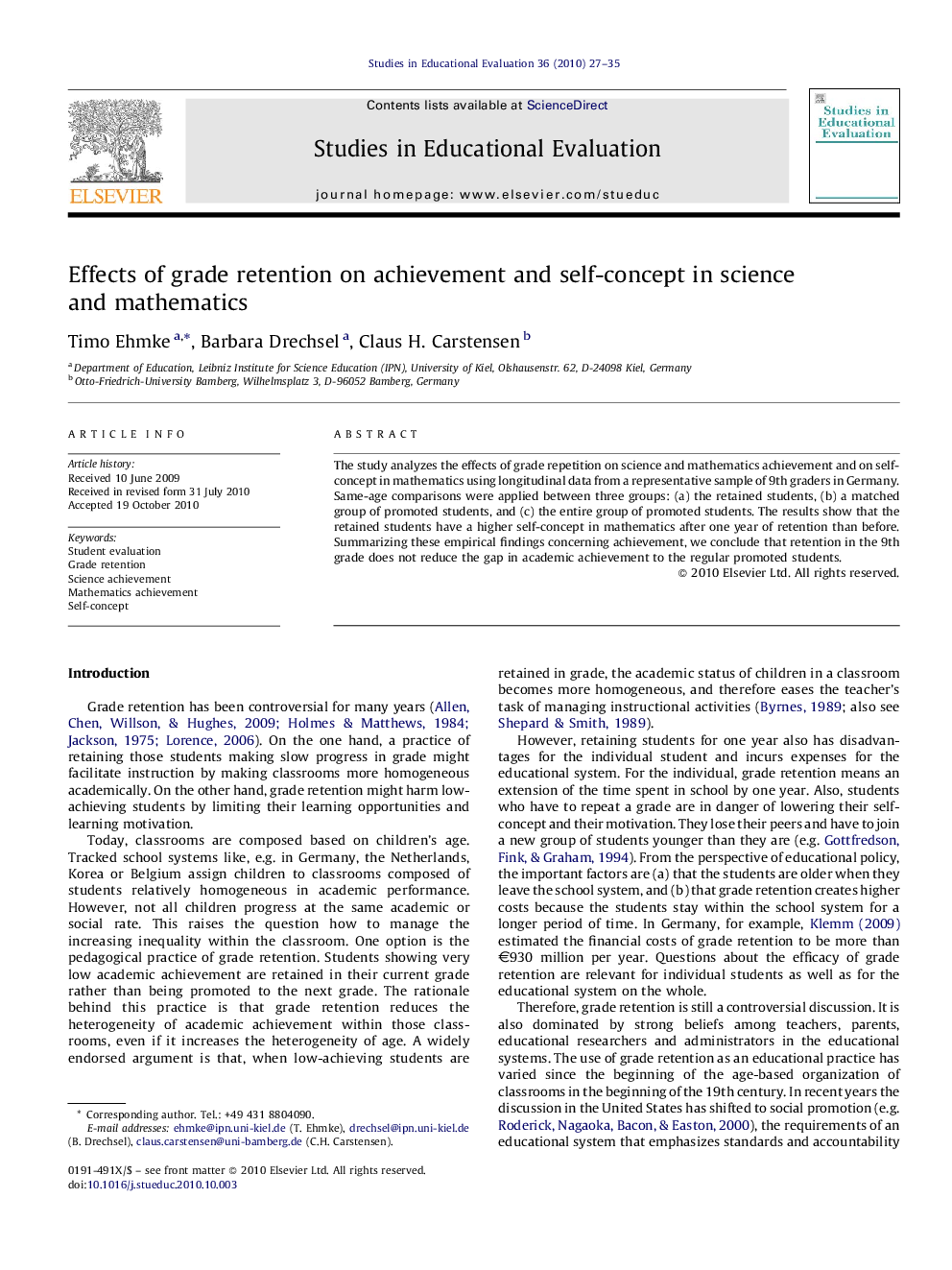 Effects of grade retention on achievement and self-concept in science and mathematics