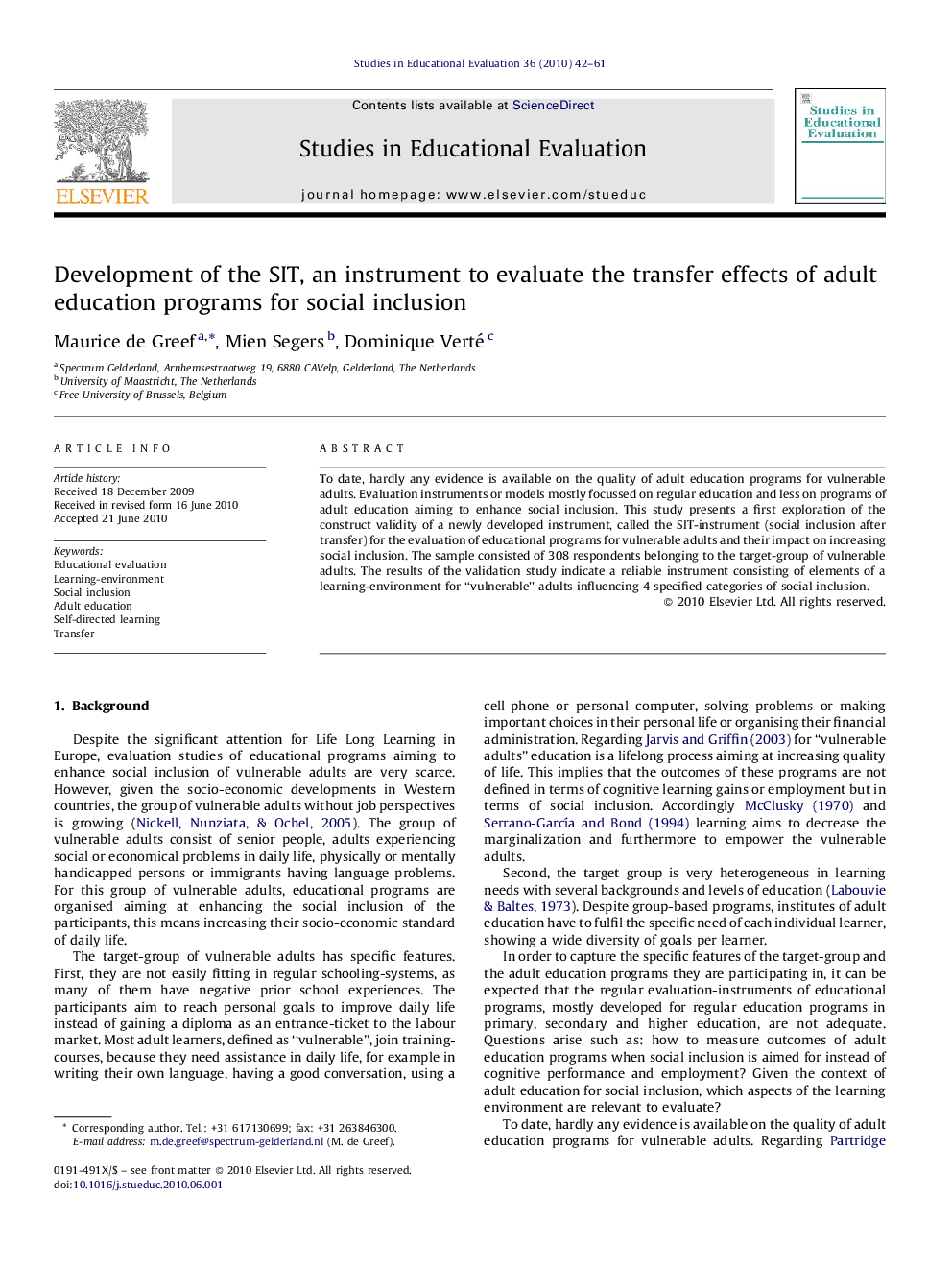 Development of the SIT, an instrument to evaluate the transfer effects of adult education programs for social inclusion