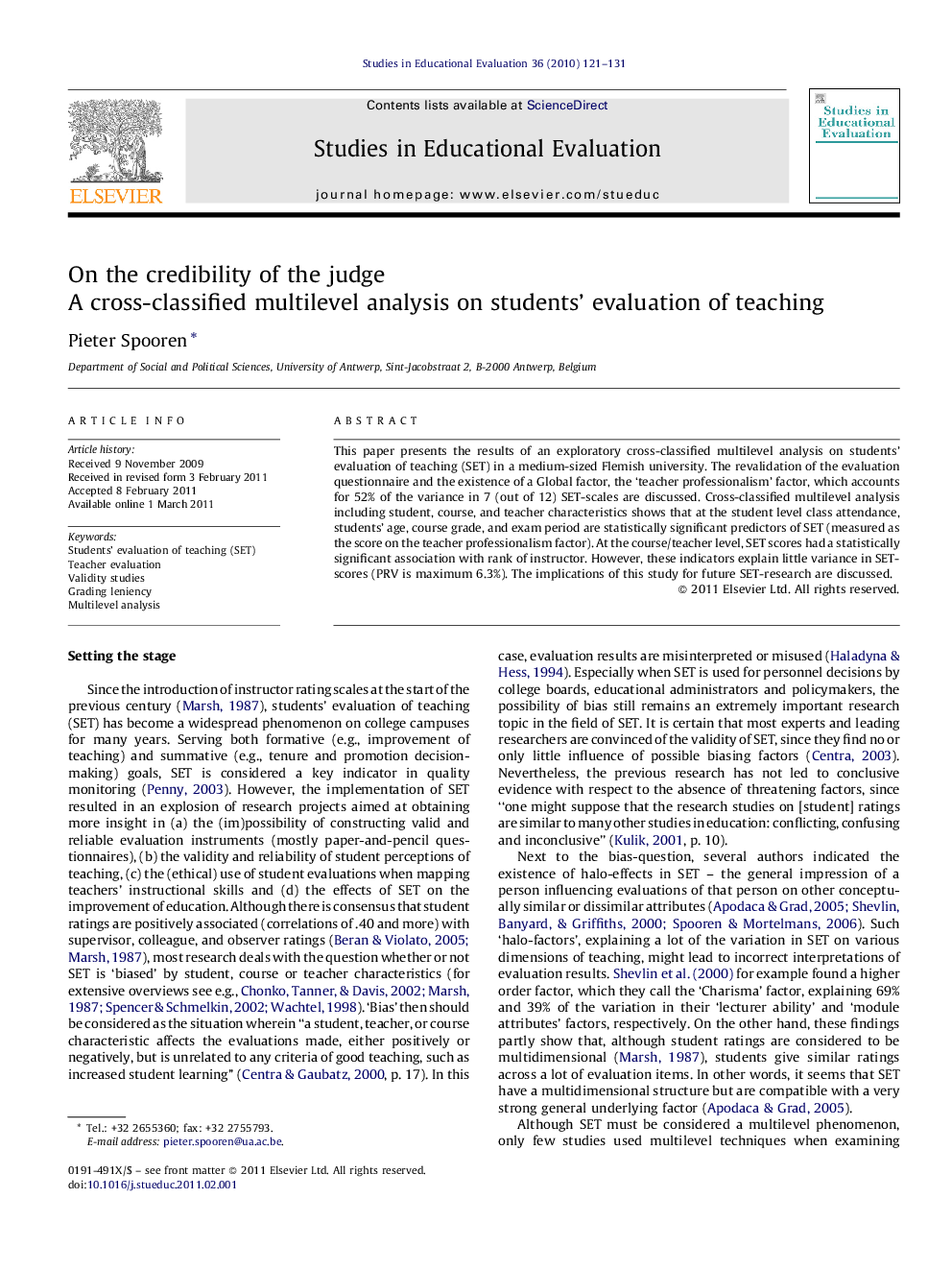 On the credibility of the judge: A cross-classified multilevel analysis on students’ evaluation of teaching