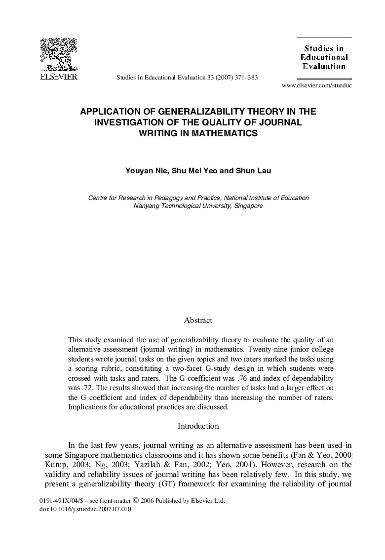 عکس صفحه اول مقاله: APPLICATION OF GENERALIZABILITY THEORY IN THE INVESTIGATION OF THE QUALITY OF JOURNAL WRITING IN MATHEMATICS APPLICATION OF GENERALIZABILITY THEORY IN THE INVESTIGATION OF THE QUALITY OF JOURNAL WRITING IN MATHEMATICS