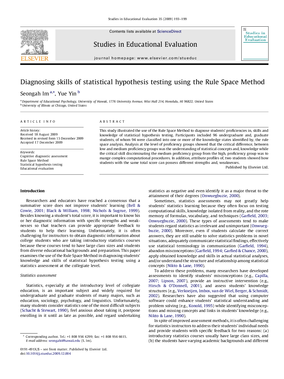 Diagnosing skills of statistical hypothesis testing using the Rule Space Method