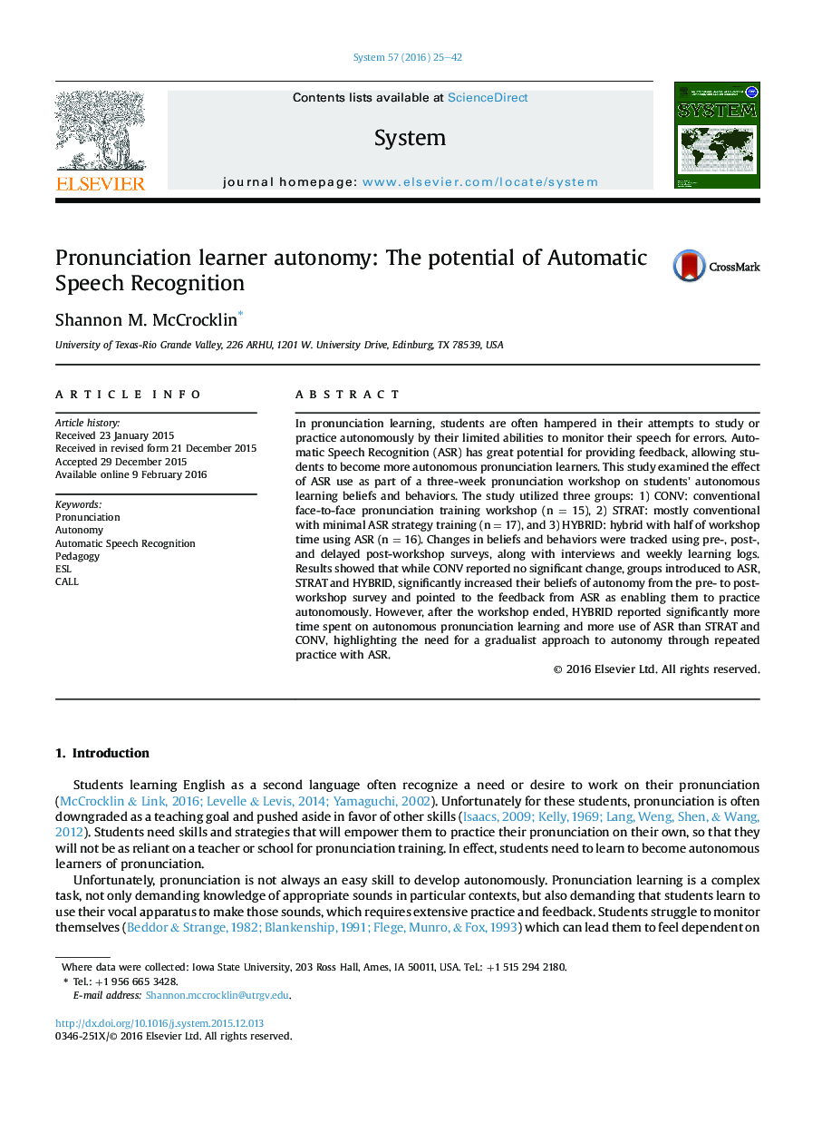Pronunciation learner autonomy: The potential of Automatic Speech Recognition 