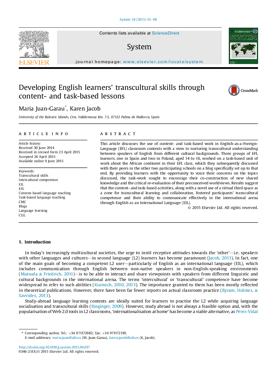 Developing English learners' transcultural skills through content- and task-based lessons