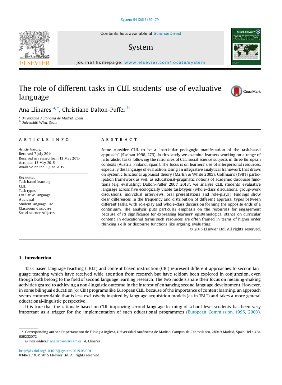 The role of different tasks in CLIL students' use of evaluative language