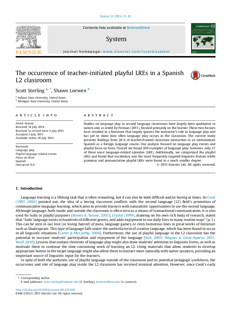 The occurrence of teacher-initiated playful LREs in a Spanish L2 classroom