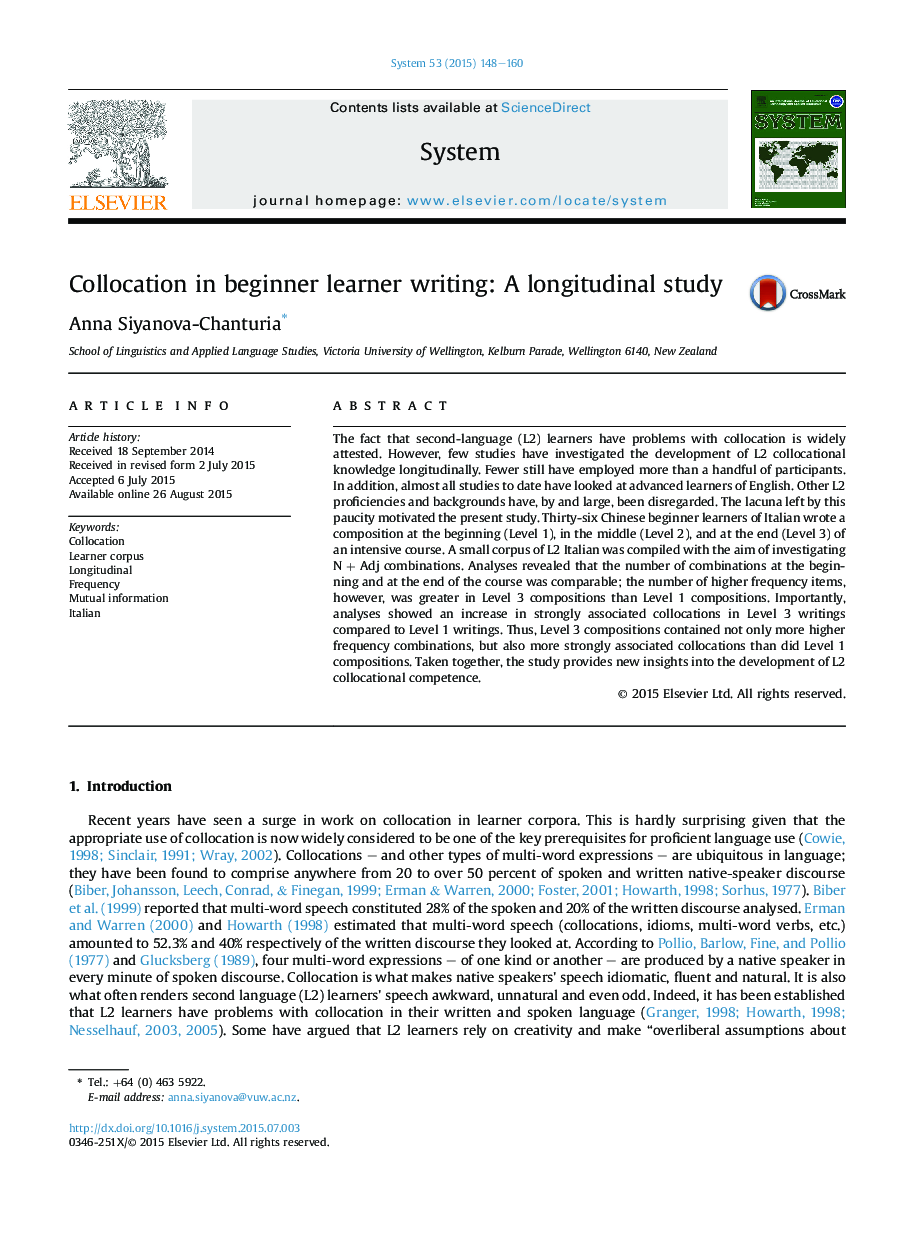 Collocation in beginner learner writing: A longitudinal study