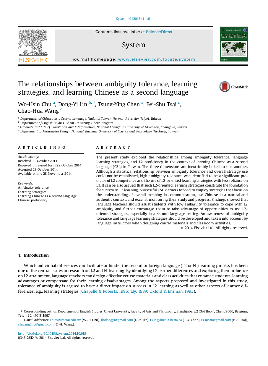 The relationships between ambiguity tolerance, learning strategies, and learning Chinese as a second language