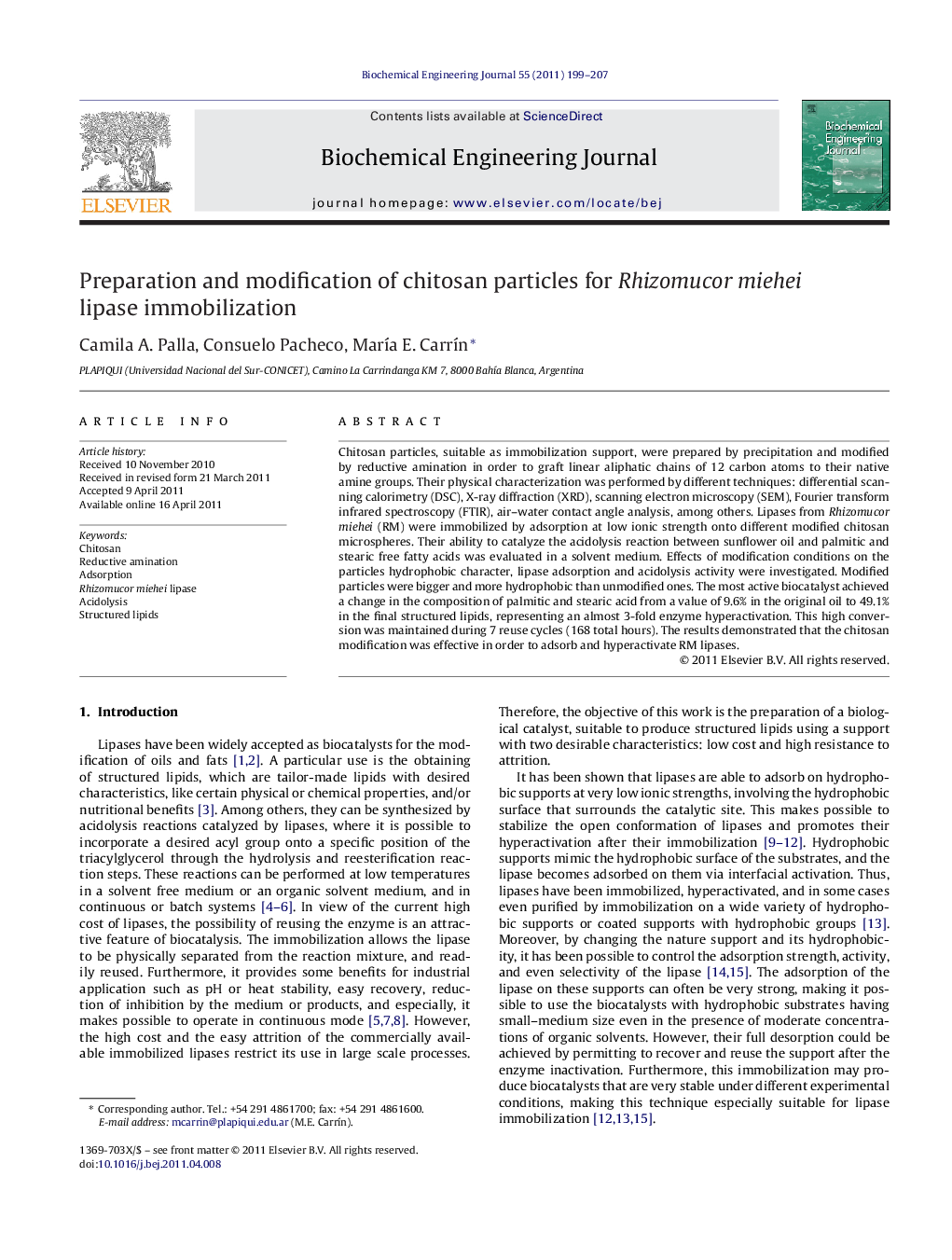 Preparation and modification of chitosan particles for Rhizomucor miehei lipase immobilization