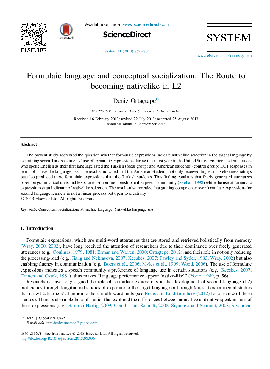 Formulaic language and conceptual socialization: The Route to becoming nativelike in L2