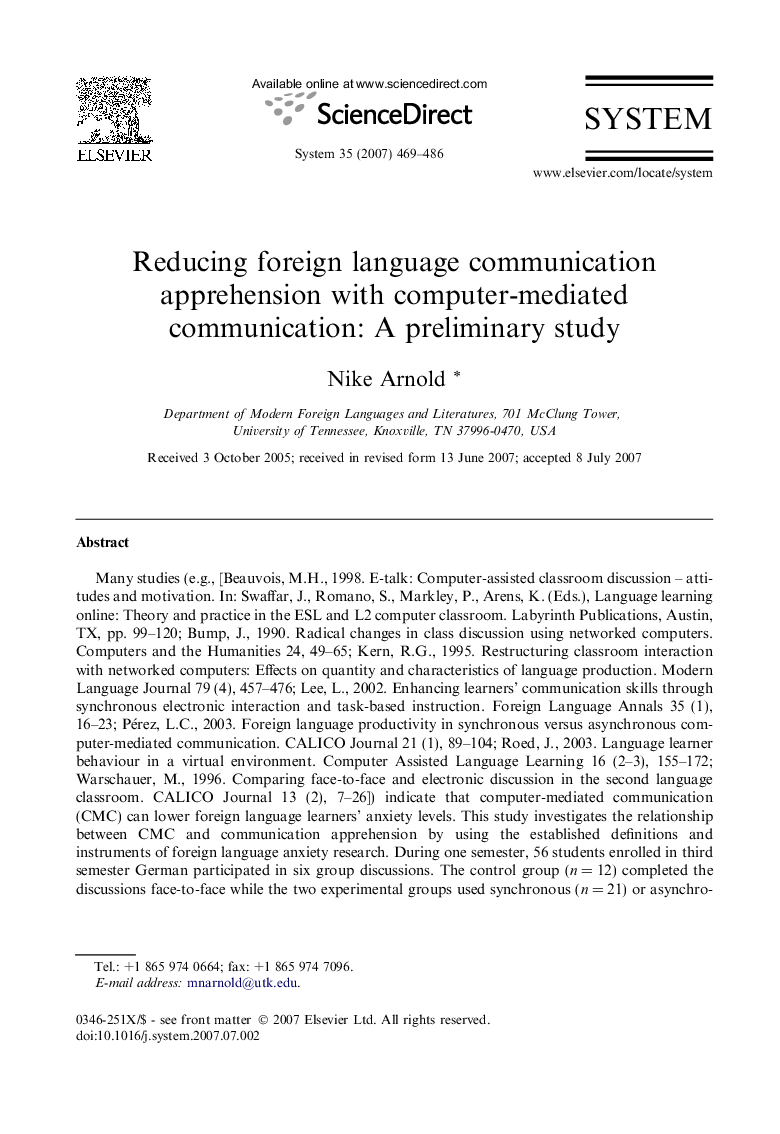 Reducing foreign language communication apprehension with computer-mediated communication: A preliminary study