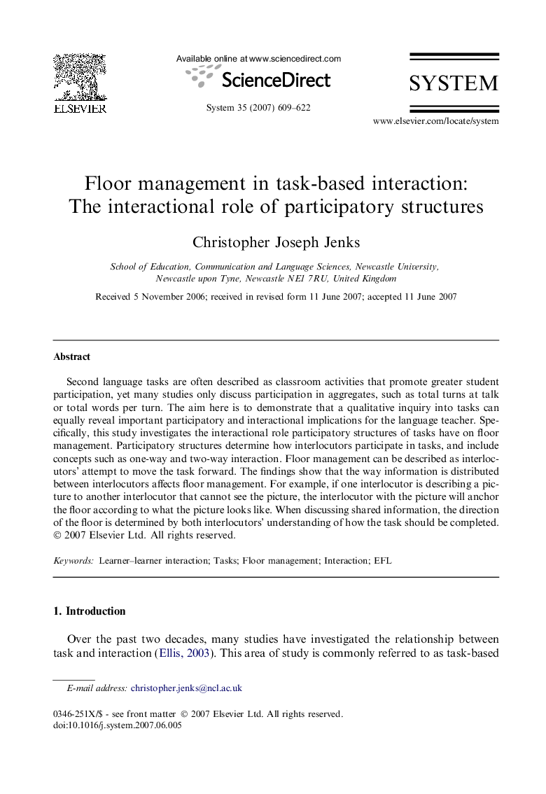 Floor management in task-based interaction: The interactional role of participatory structures
