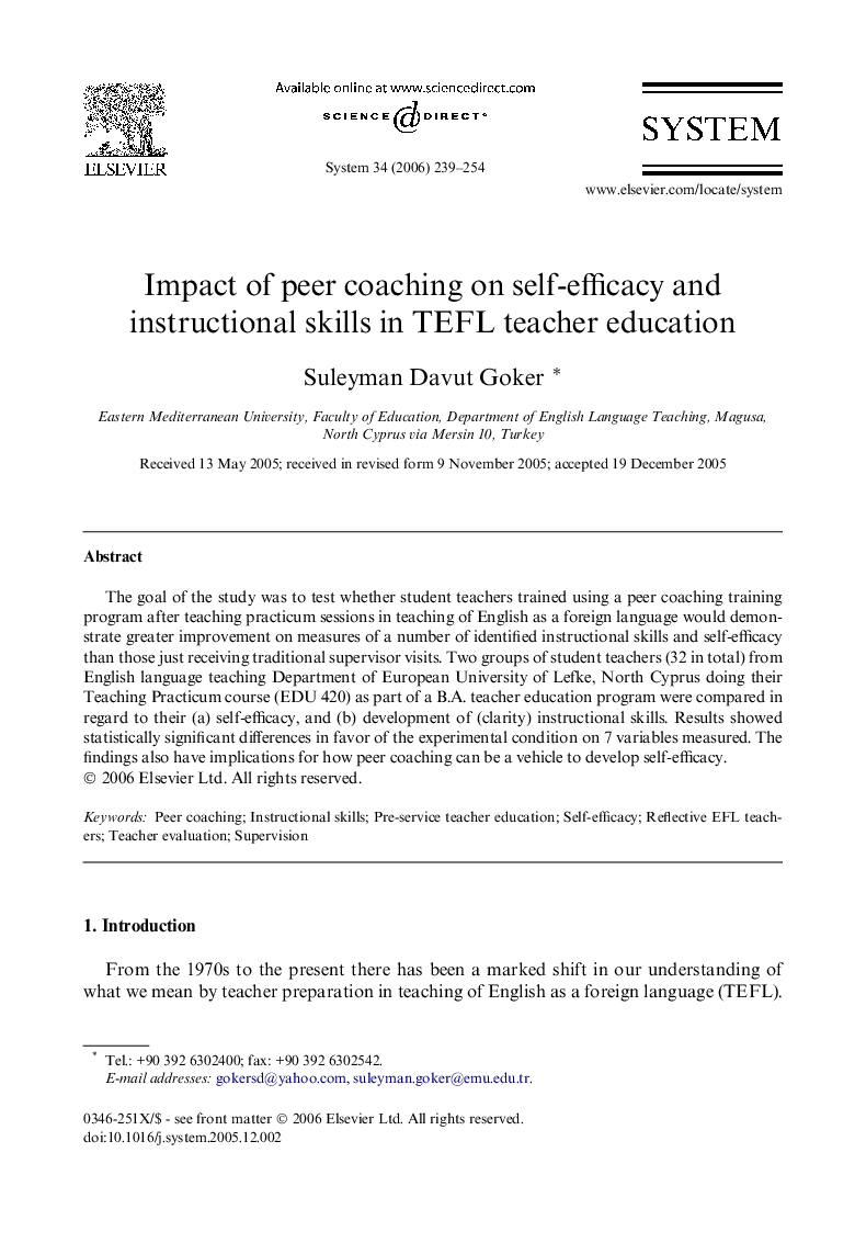 Impact of peer coaching on self-efficacy and instructional skills in TEFL teacher education