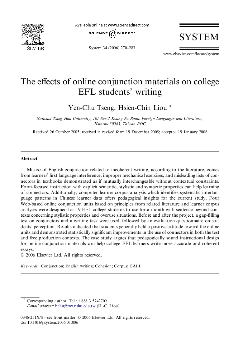 The effects of online conjunction materials on college EFL students’ writing