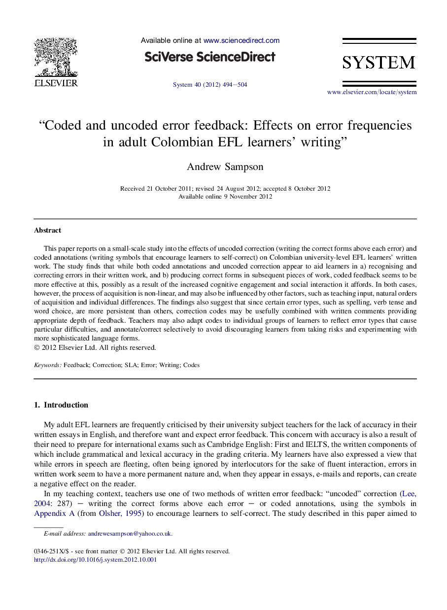 “Coded and uncoded error feedback: Effects on error frequencies in adult Colombian EFL learners' writing”