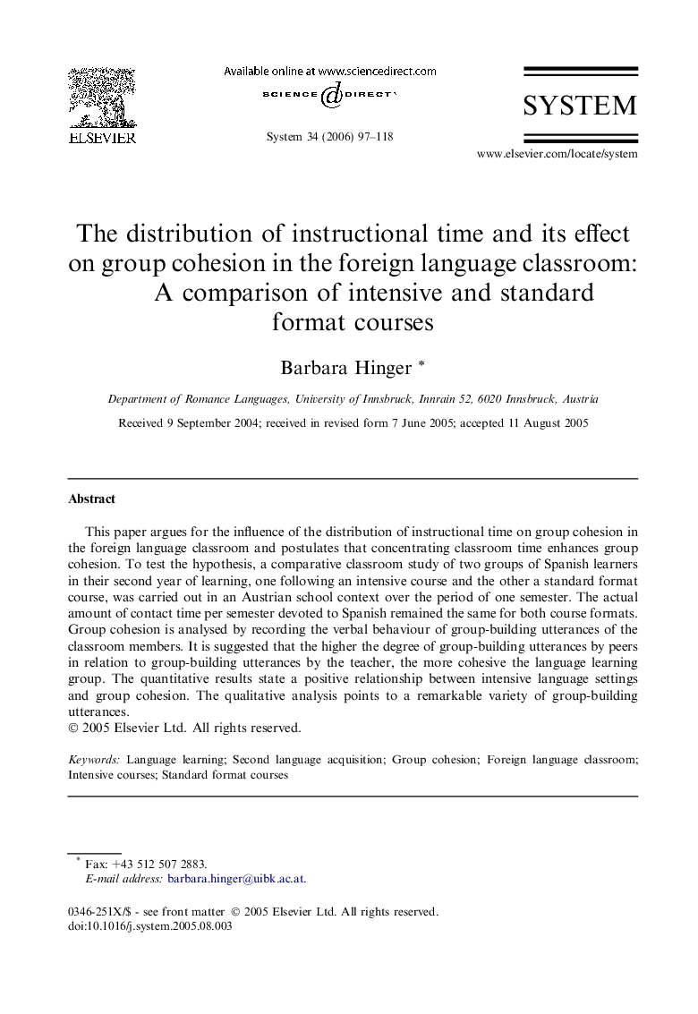 The distribution of instructional time and its effect on group cohesion in the foreign language classroom: A comparison of intensive and standard format courses