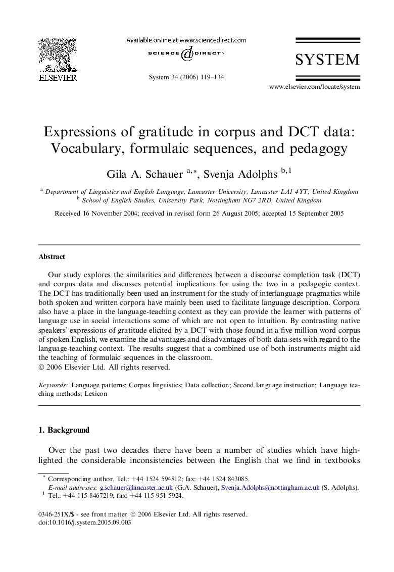 Expressions of gratitude in corpus and DCT data: Vocabulary, formulaic sequences, and pedagogy