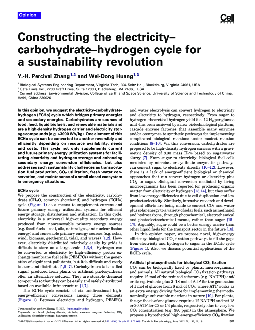 Constructing the electricity–carbohydrate–hydrogen cycle for a sustainability revolution
