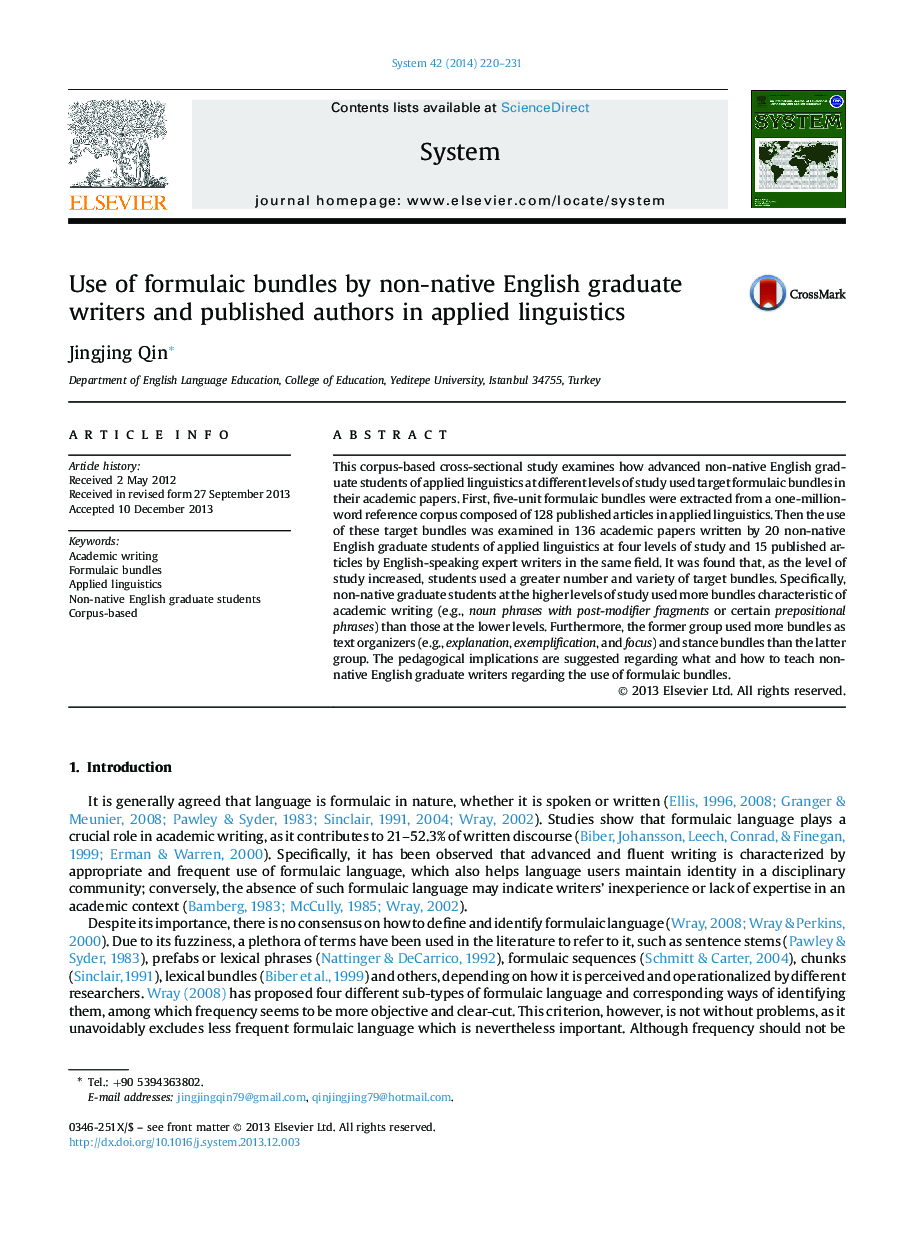 Use of formulaic bundles by non-native English graduate writers and published authors in applied linguistics