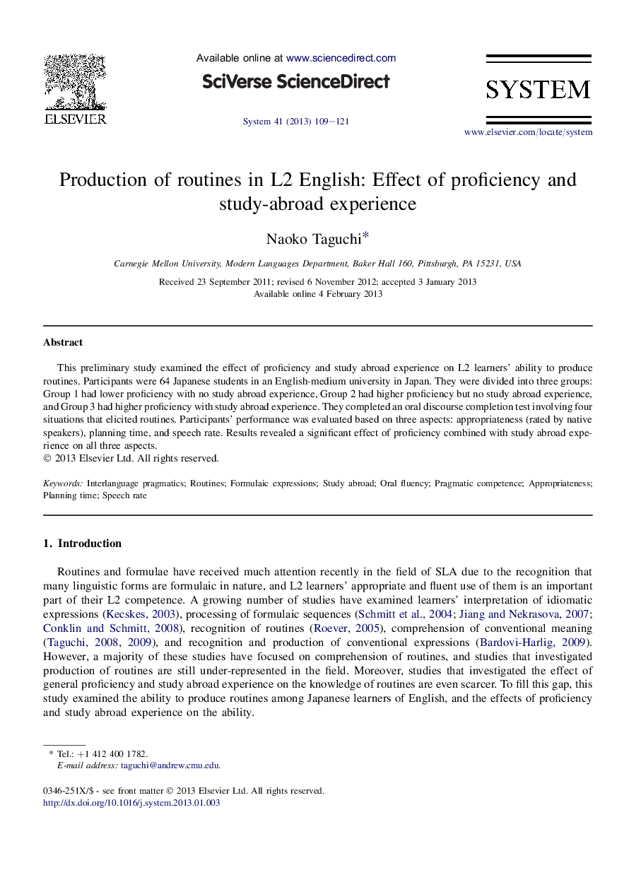 Production of routines in L2 English: Effect of proficiency and study-abroad experience