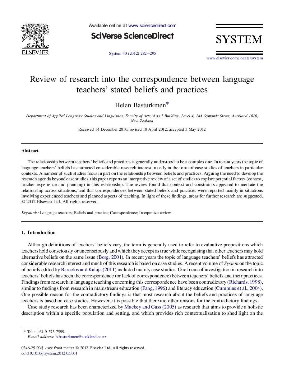 Review of research into the correspondence between language teachers' stated beliefs and practices