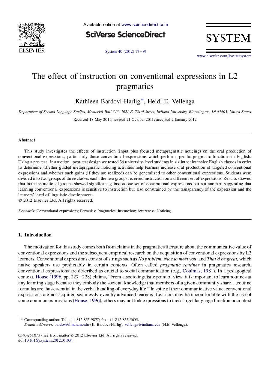 The effect of instruction on conventional expressions in L2 pragmatics